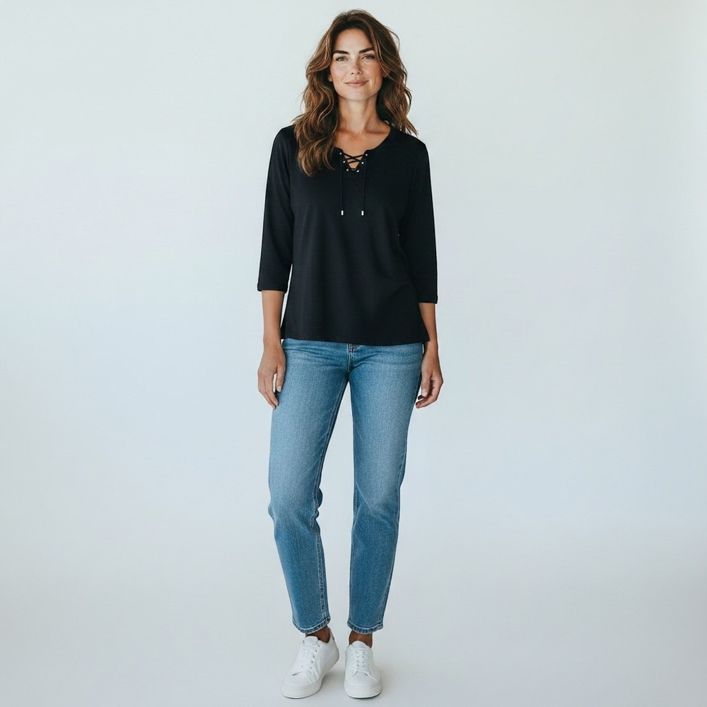 Rafaella Black Lace Up V-Neck 3/4 Sleeve Top 2X NWT 30G8314